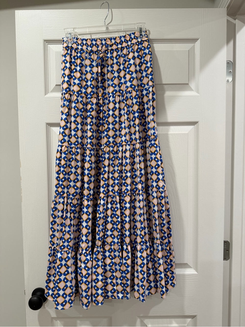 Zara Blue and Cream Tiered Geometric Maxi Skirt